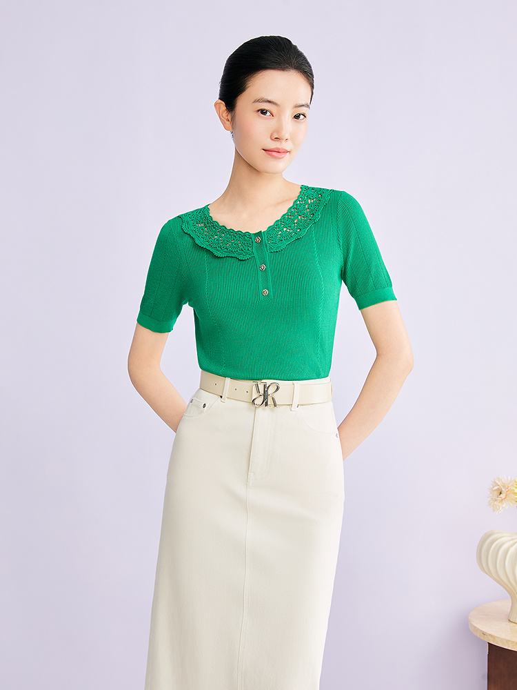 YINER音儿专选2026夏季新款优雅钩花镂空娃娃领坑条肌理针织衫8C66206246