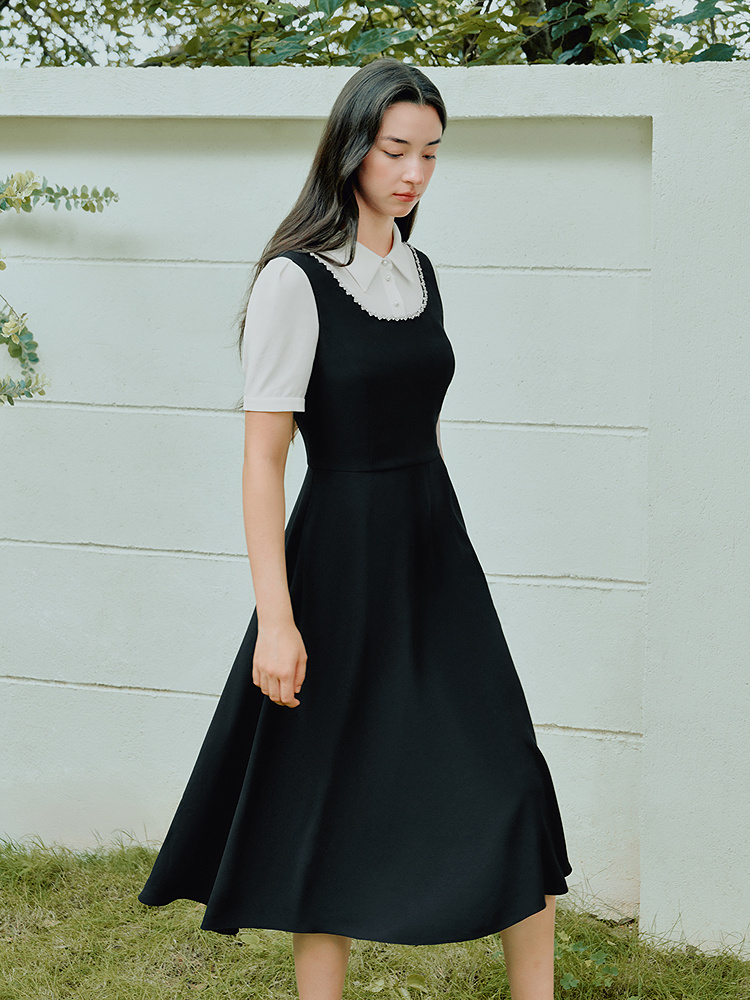 YINER音儿专选2026夏季新款时尚撞色翻领钉珠假两件收腰连衣裙8C66205516