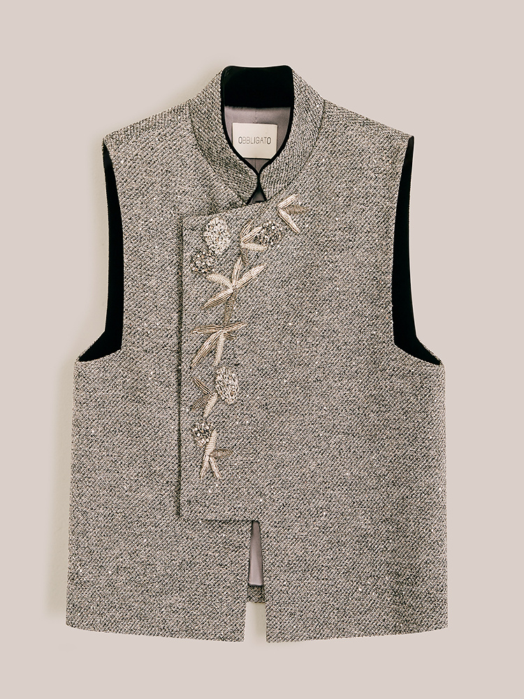 OBBLIGATO奥丽嘉朵专选2025冬季手工钉珠立体缉边新中式马甲1C35501020