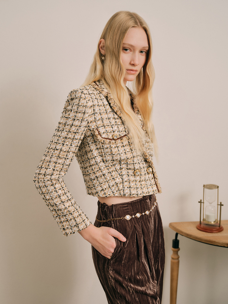 OBBLIGATO奥丽嘉朵2024春季金标香槟金色花纱箱型短外套1C34110010