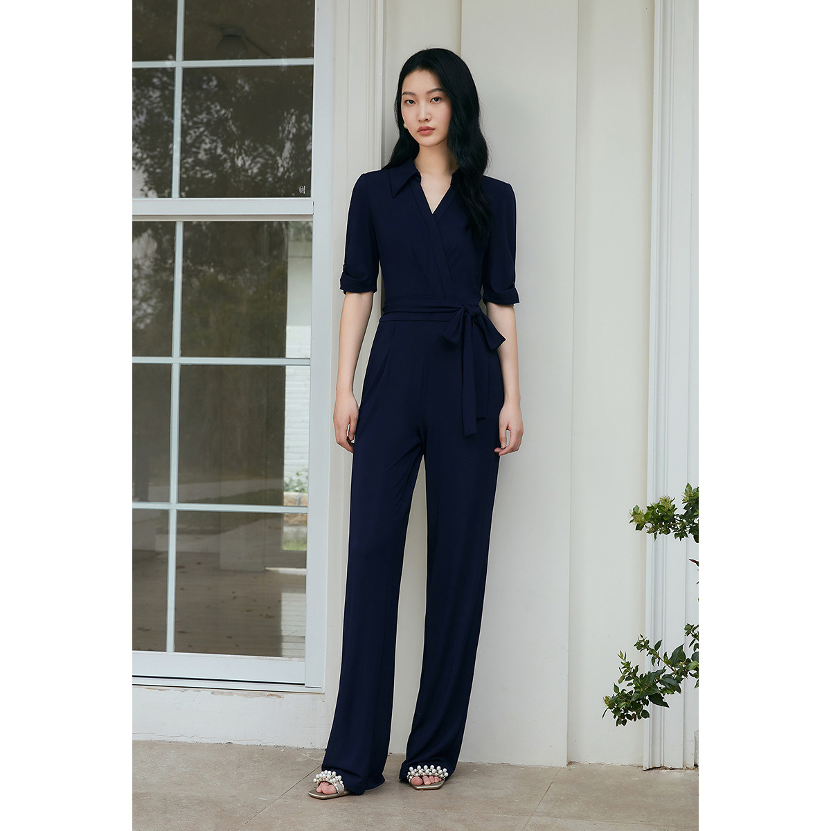 OBBLIGATO奥丽嘉朵2025夏季新品藏蓝色商务气质连体裤1C35202090
