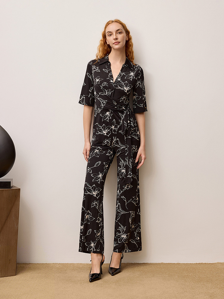 OBBLIGATO奥丽嘉朵2025夏季翻领设计感绑带收腰印花连体裤1C35202140