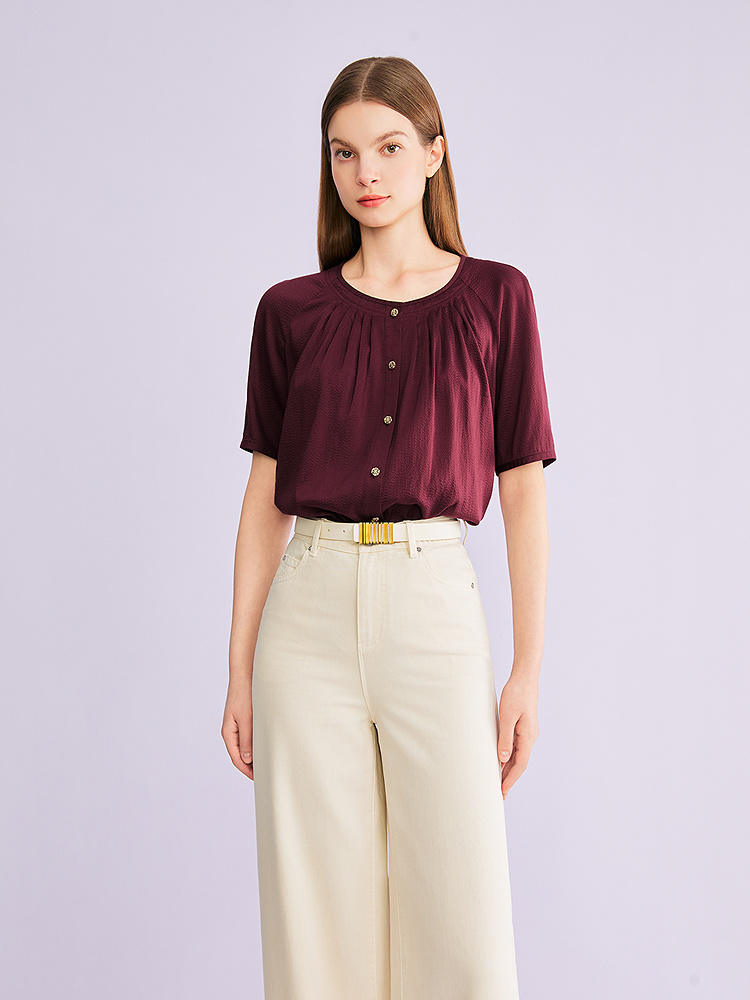 YINER音儿专选2026夏季新款优雅圆领莫代尔桑蚕丝混纺衬衫上衣8C66230016