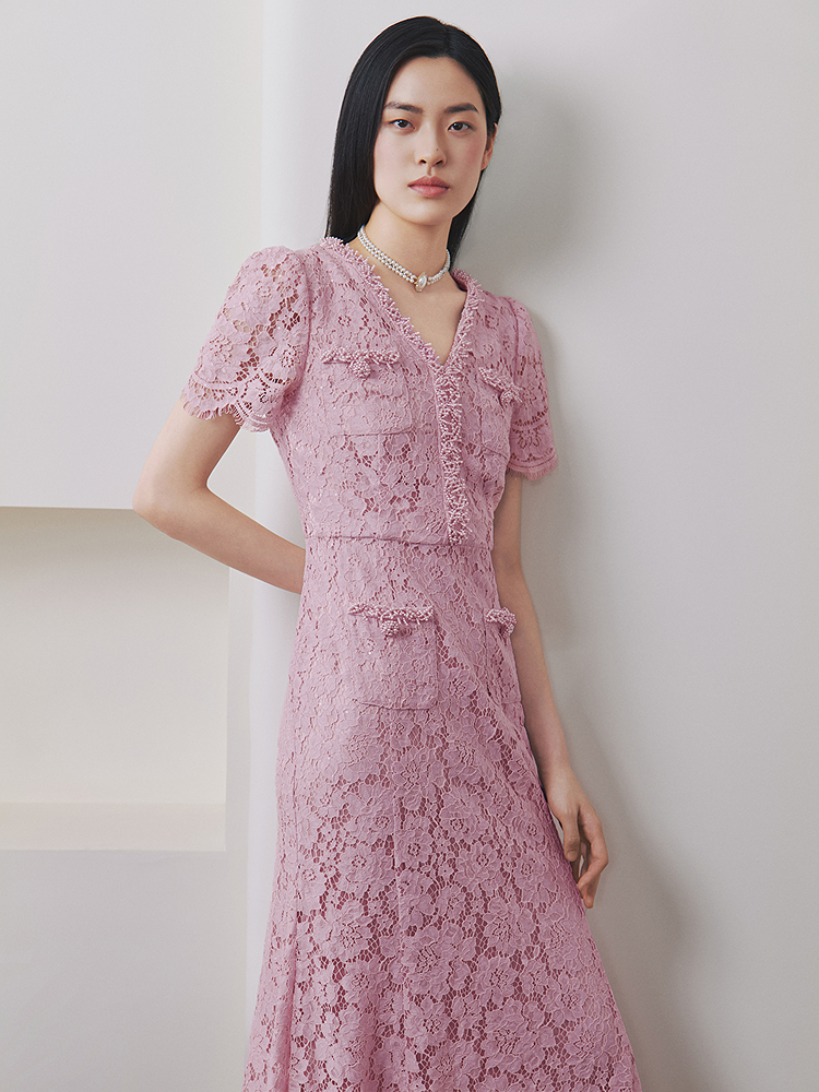 OBBLIGATO奥丽嘉朵2026夏季新款粉色蕾丝收腰钉珠鱼尾中长连衣裙1C66205410