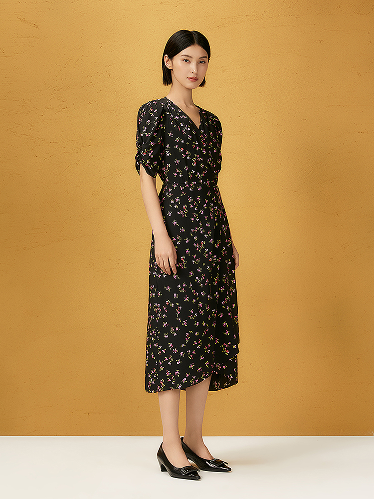 Song of Song歌中歌2025黑色小碎花满印桑蚕丝经典茶歇裙5C65205098