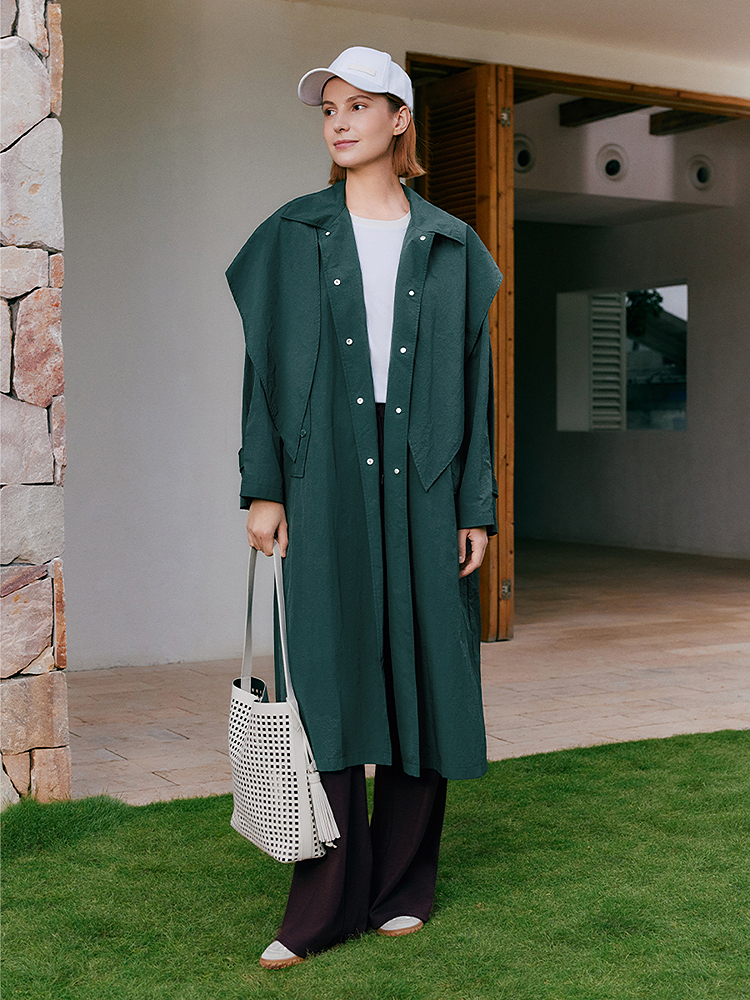 XII BASKET十二篮26春新款解构感拼接廓形风衣连帽通勤长风衣外套7C36107380