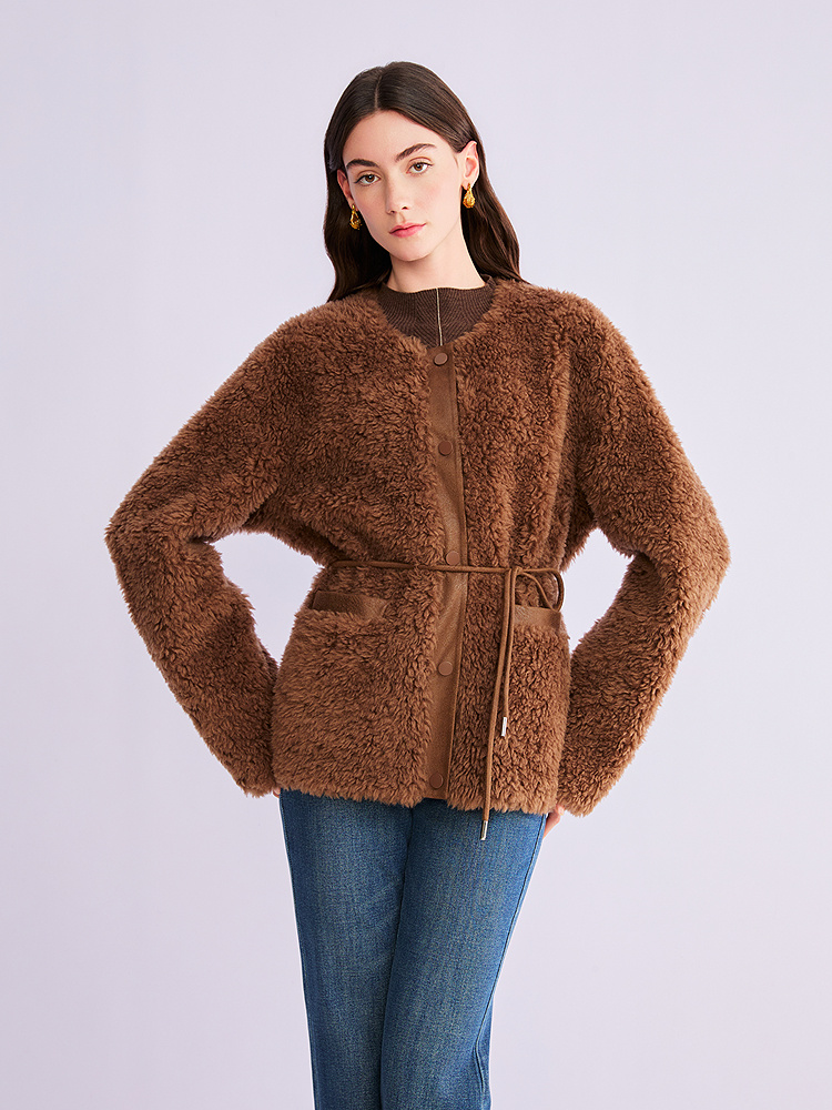 YINER音儿专选2026春季新款时尚保暖圆领腰带收腰颗粒绒羊毛外套8C66110226