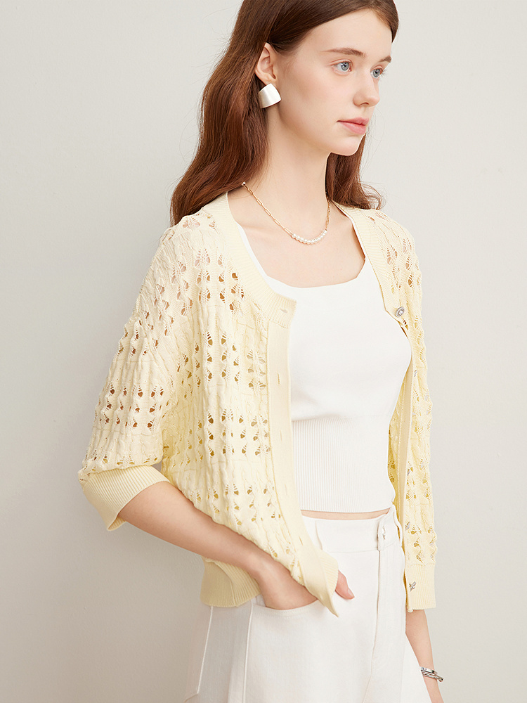Goodland美地女装2025夏季清新法式镂空短袖针织开衫小外套LC35206210