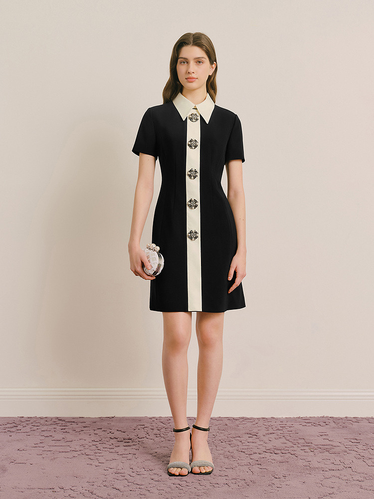 OBBLIGATO奥丽嘉朵专选2025夏季新品尖领撞色绣花扣收腰连衣裙1C65205450