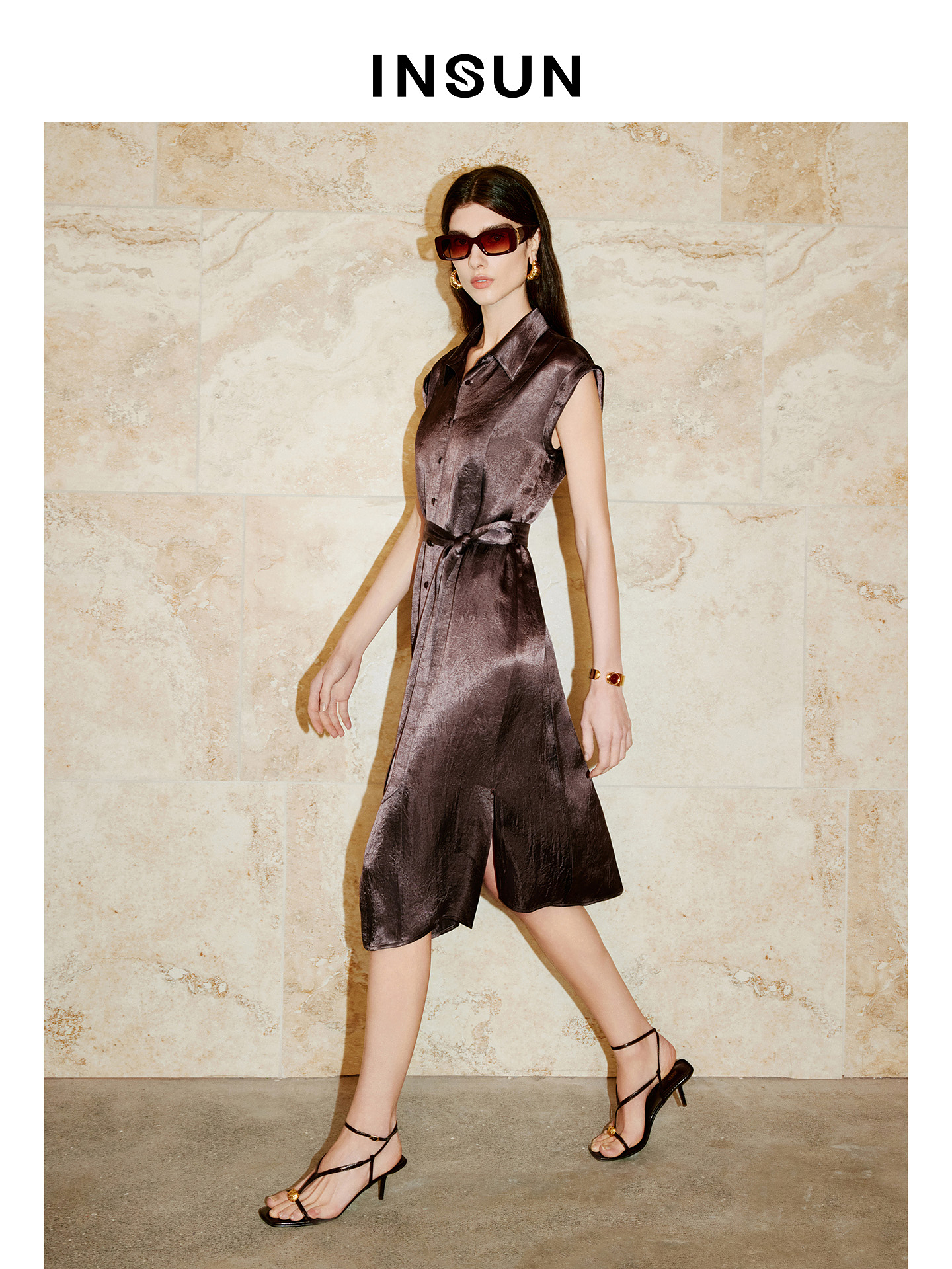 INSUN恩裳专选2026夏季衬衫领修身显瘦无袖醋酸连衣裙9C66205030