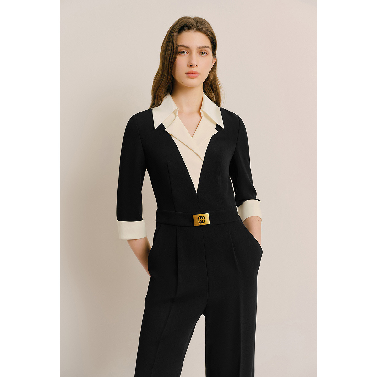 OBBLIGATO奥丽嘉朵2025夏季新品黑色经典撞色拼接连体裤1C65202200