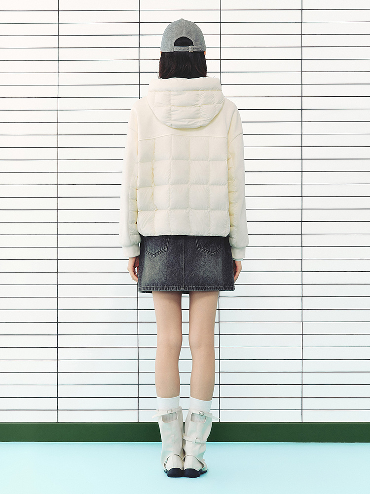 ToyzY2026冬季新款柔软针织卫衣面料肩袖连帽假两件拼接连帽羽绒服ZC36508390
