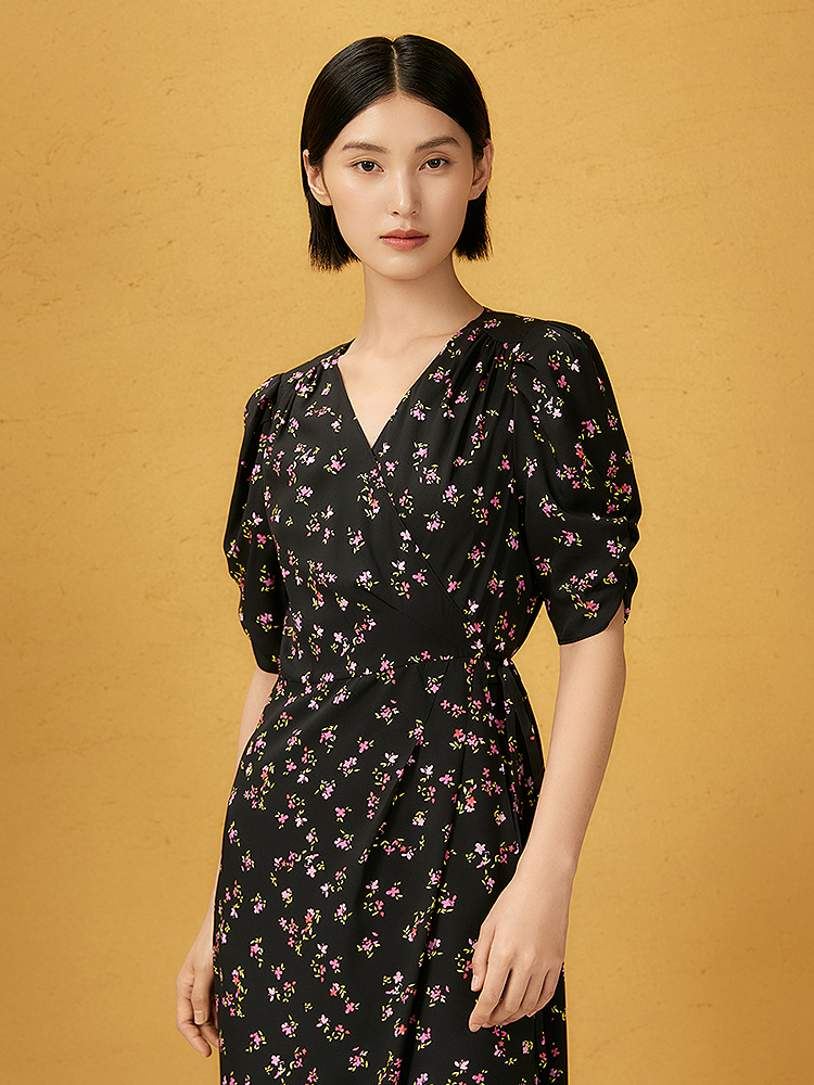 Song of Song歌中歌2025黑色小碎花满印桑蚕丝经典茶歇裙5C65205098