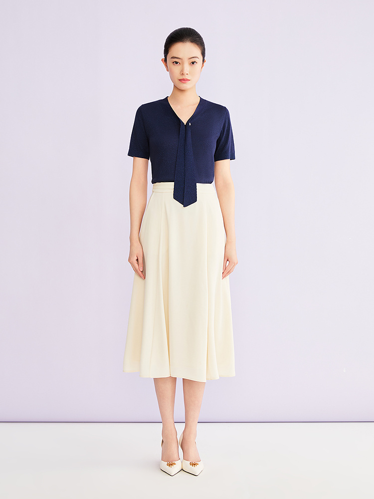 YINER音儿专选2026夏季新款优雅知性V领飘带闪丝肌理H型针织衫8C66206276