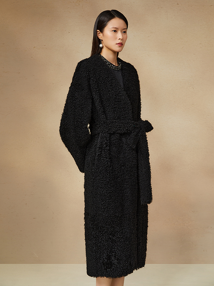 Song of Song歌中歌2024秋季赫本风黑色绵羊毛革皮草大衣5C64309340