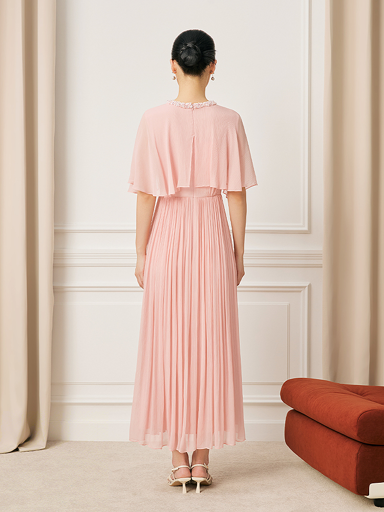 Song of Song歌中歌2026夏季新款预售柔雾淡粉·桑蚕丝百褶连衣裙5C36205290