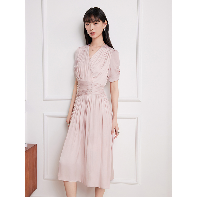 Goodland美地女装2025夏季浪漫粉色海岛丝连衣裙长款v领收腰LC35205910