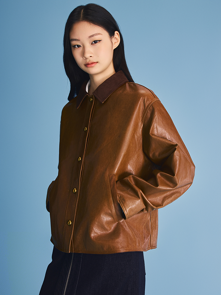 PSALTER诗篇 2026春季新款复古灯芯绒领拼接皮衣6C36109030