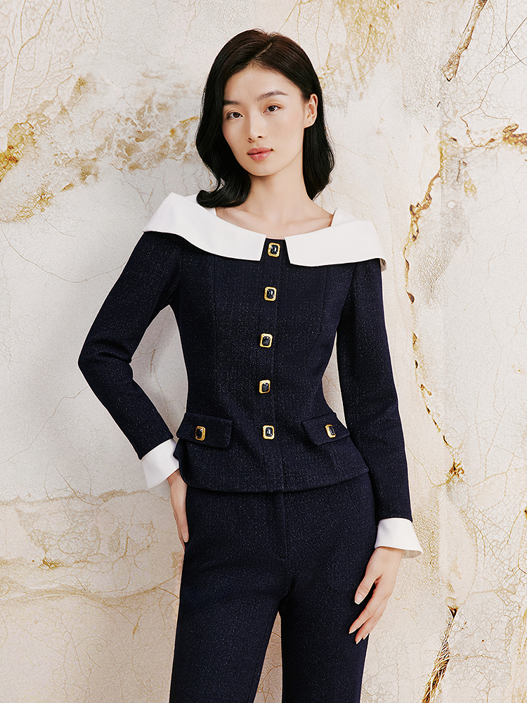 OBBLIGATO奥丽嘉朵2026冬季新款藏蓝闪纱撞色西装上衣1C36570190