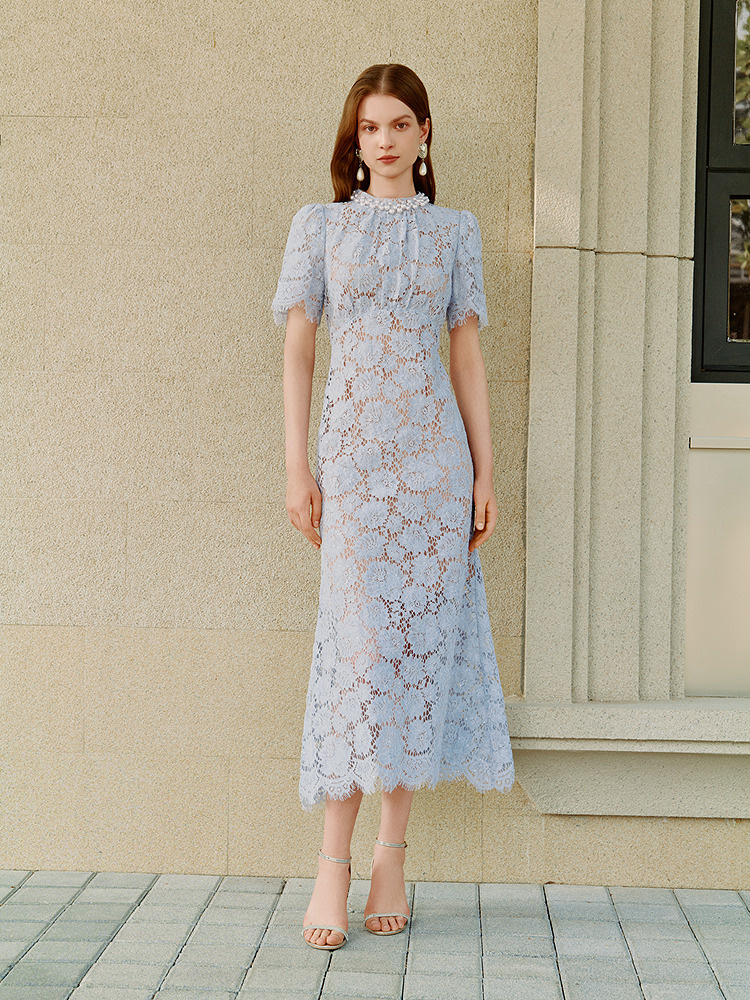 OBBLIGATO奥丽嘉朵2026夏季新款蕾丝钩花镂空珍珠领收腰连衣裙1C66205340