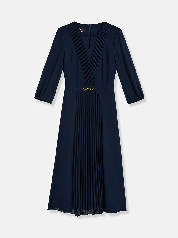 YINER音儿专选2026夏季新款时尚优雅镂空圆领风琴褶收腰连衣裙8C66205076