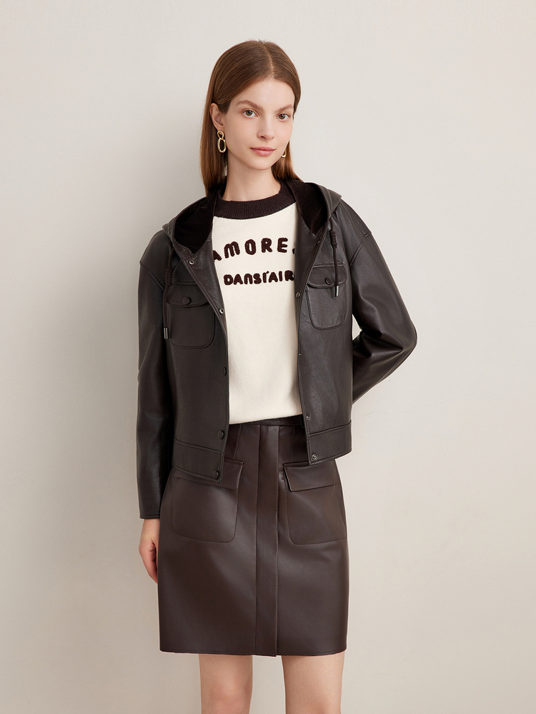 Goodland美地2024秋季法式深棕色连帽羊皮皮衣外套LC34309020