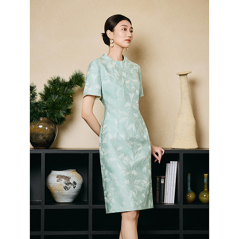 Song of Song歌中歌2025夏季新品浅绿色提花面料甄奢优雅连衣裙5C35205190