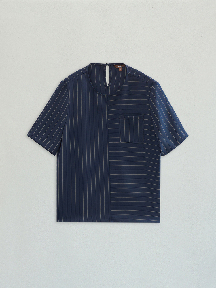 INSUN恩裳2023夏季简约百搭竖条纹宽肩舒适透气衬衫上衣9C63270310