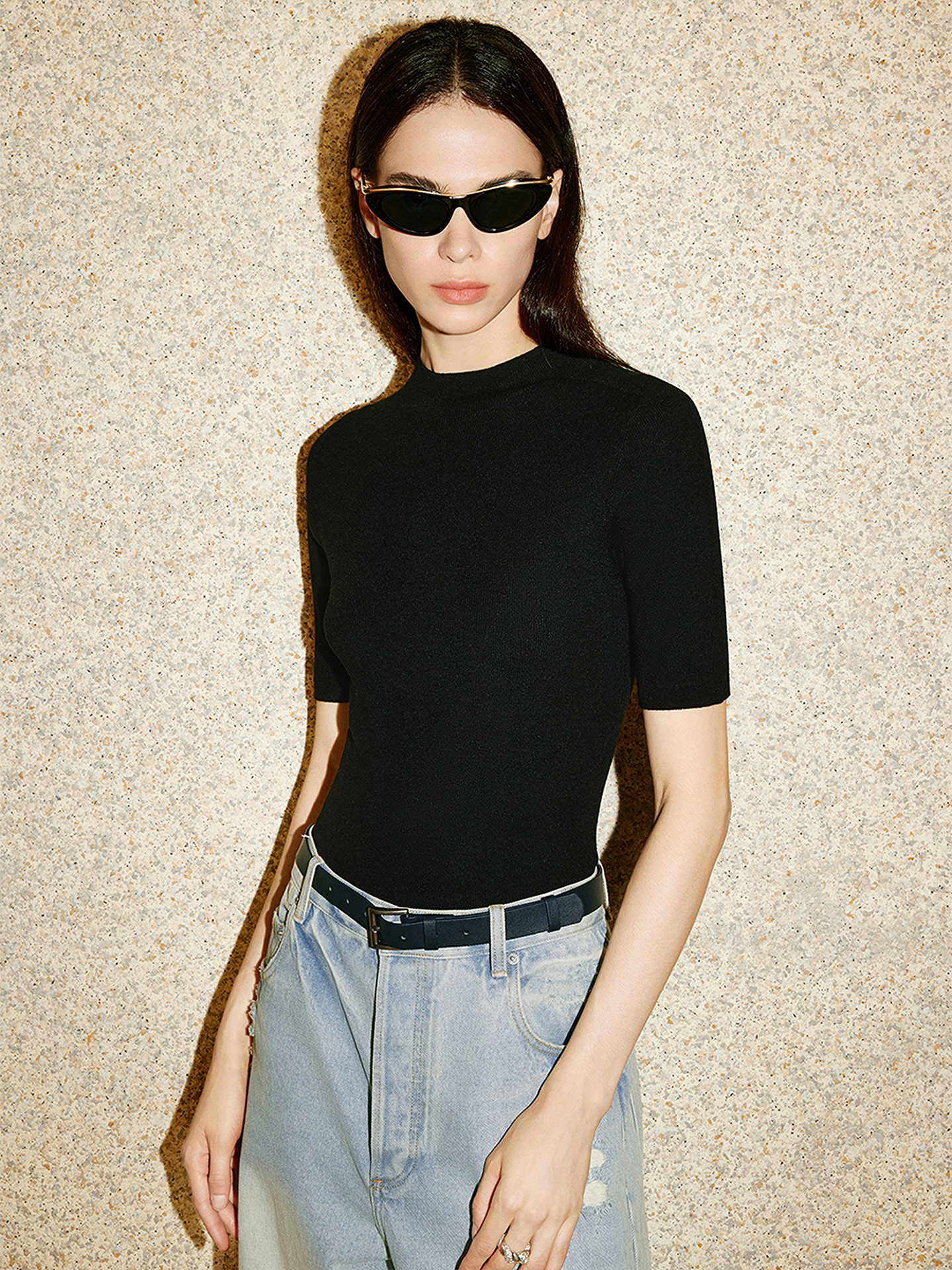 COVERINS2026春新款百搭基础圆领修身羊毛短袖针织CC36106260