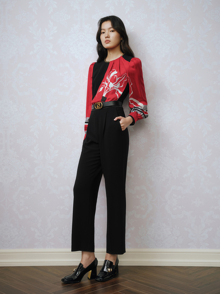 OBBLIGATO奥丽嘉朵2023春季金标红色解构设计鸢尾花印花三醋酸连体服1C33120560