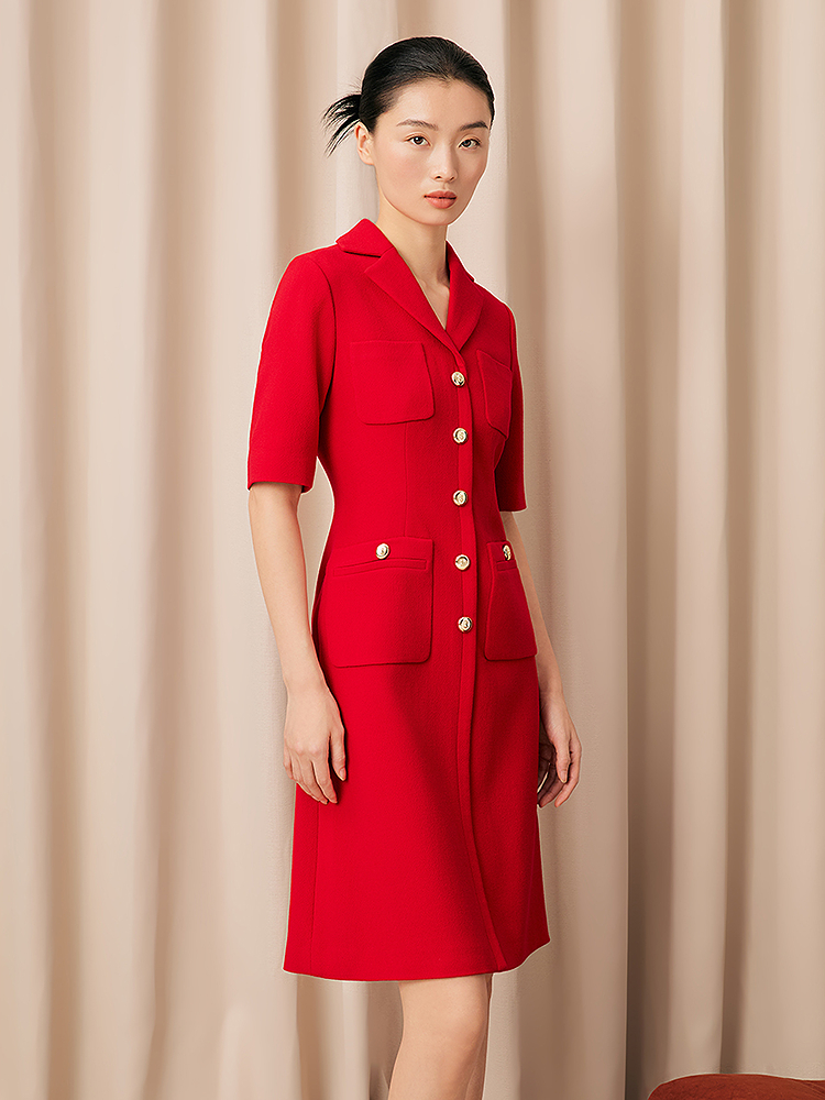 Song of Song歌中歌2026春季中国红100%绵羊毛连衣裙5C66105170