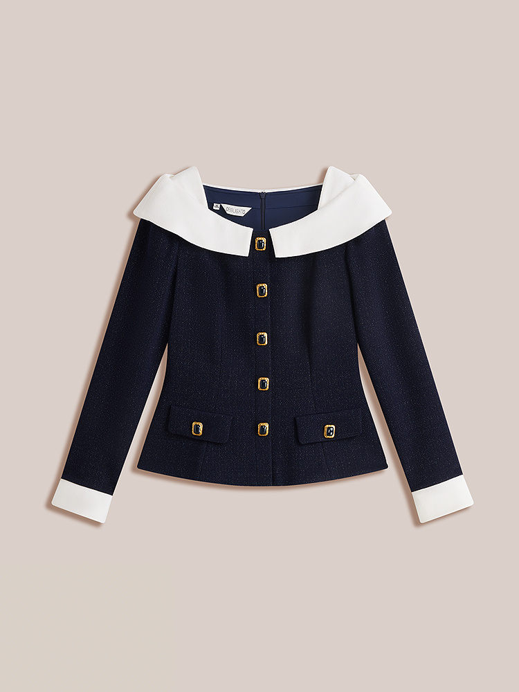 OBBLIGATO奥丽嘉朵2026冬季新款藏蓝闪纱撞色西装上衣1C36570190