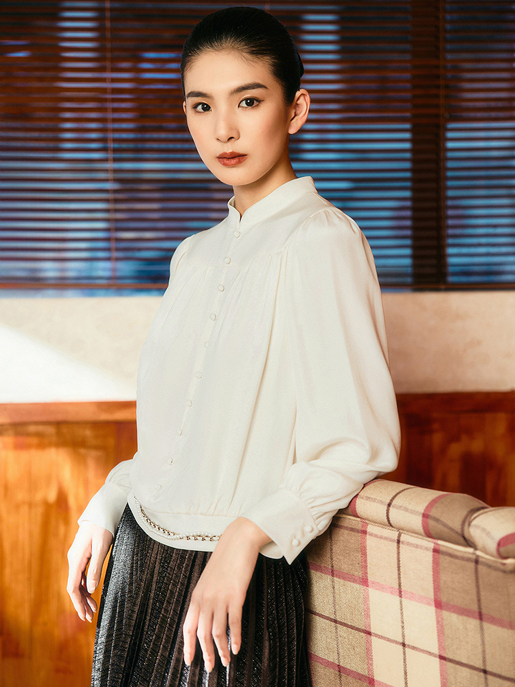 【1996系列】YINER音儿2025冬季新款法式褶艺真丝弹力重绉衬衫