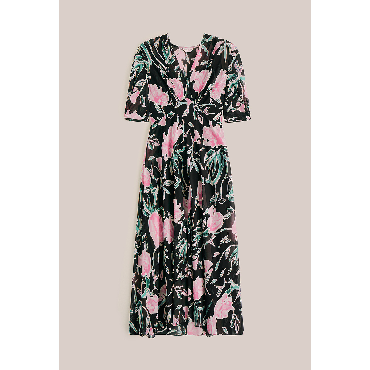 OBBLIGATO奥丽嘉朵2025年专选夏季新品黑色V领抽褶桑蚕丝印花连衣裙1C65205750
