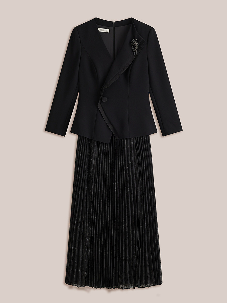 OBBLIGATO奥丽嘉朵2026秋季新款醋酸拼接v领收腰西装式百褶连衣裙1C66305210