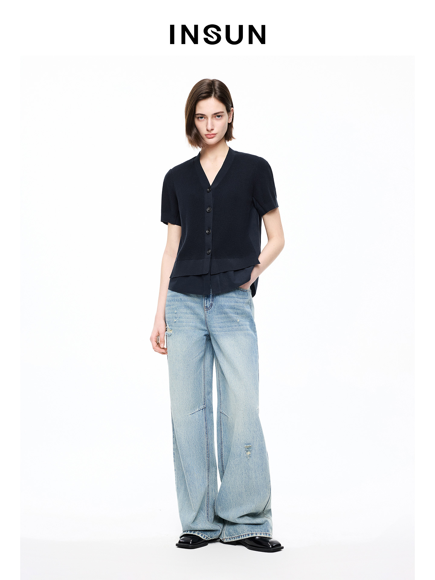 INSUN恩裳专选2026夏季V领假两件拼接100%棉短袖针织开衫9C66206080