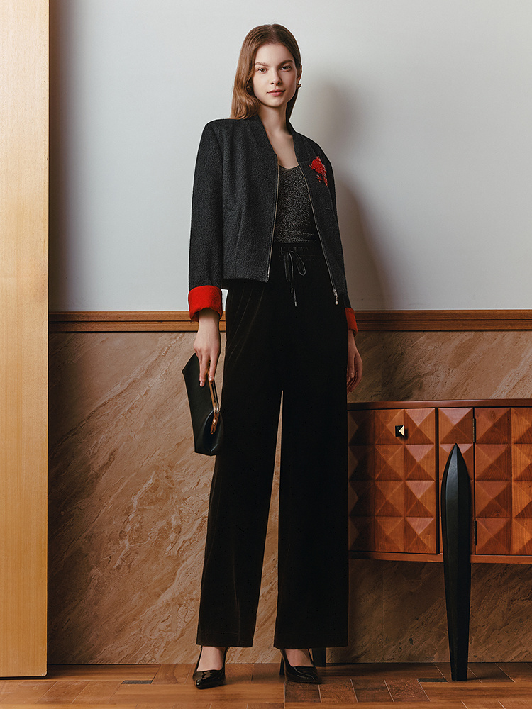 OBBLIGATO奥丽嘉朵2026春季新款绵羊毛混红袖撞色纺珠片刺绣外套1C36110200