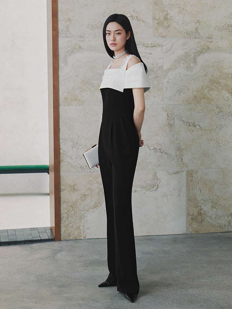 OBBLIGATO奥丽嘉朵2026夏季新款黑白撞色露肩钉珠收腰阔腿连体裤1C66202020