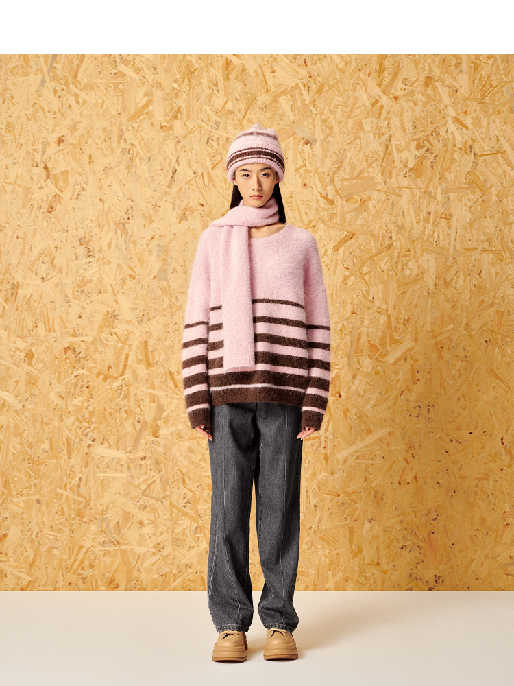 ToyzY24春软糯拉绒羊驼毛粉色条纹毛衣7C54106120