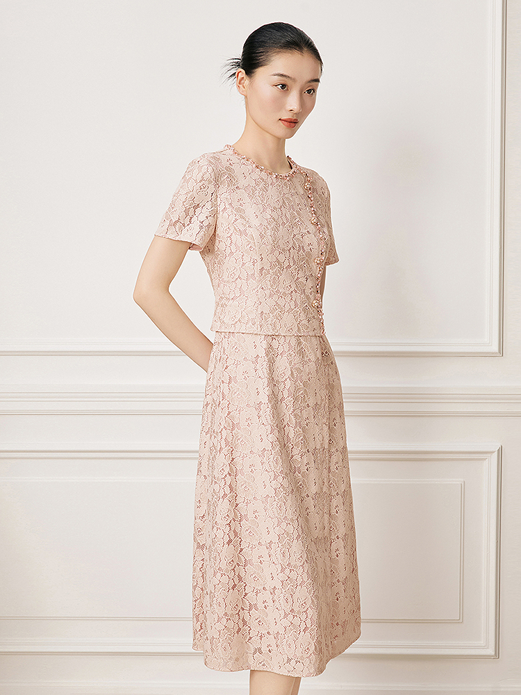 【高定蕾丝】Song of Song歌中歌2026夏新款蕾丝钉珠点缀优雅连衣裙5C66205130