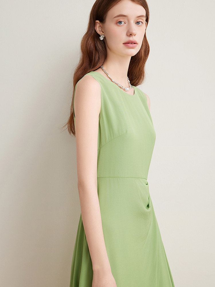Goodland美地女装2025夏季绿色抓褶醋酸无袖背心连衣裙长款LC35205050