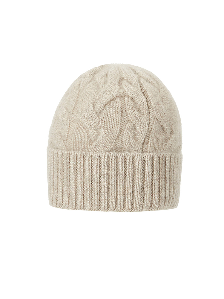 INSUN恩裳2025冬季简约纯色绞花全山羊绒针织毛线帽9C35593010