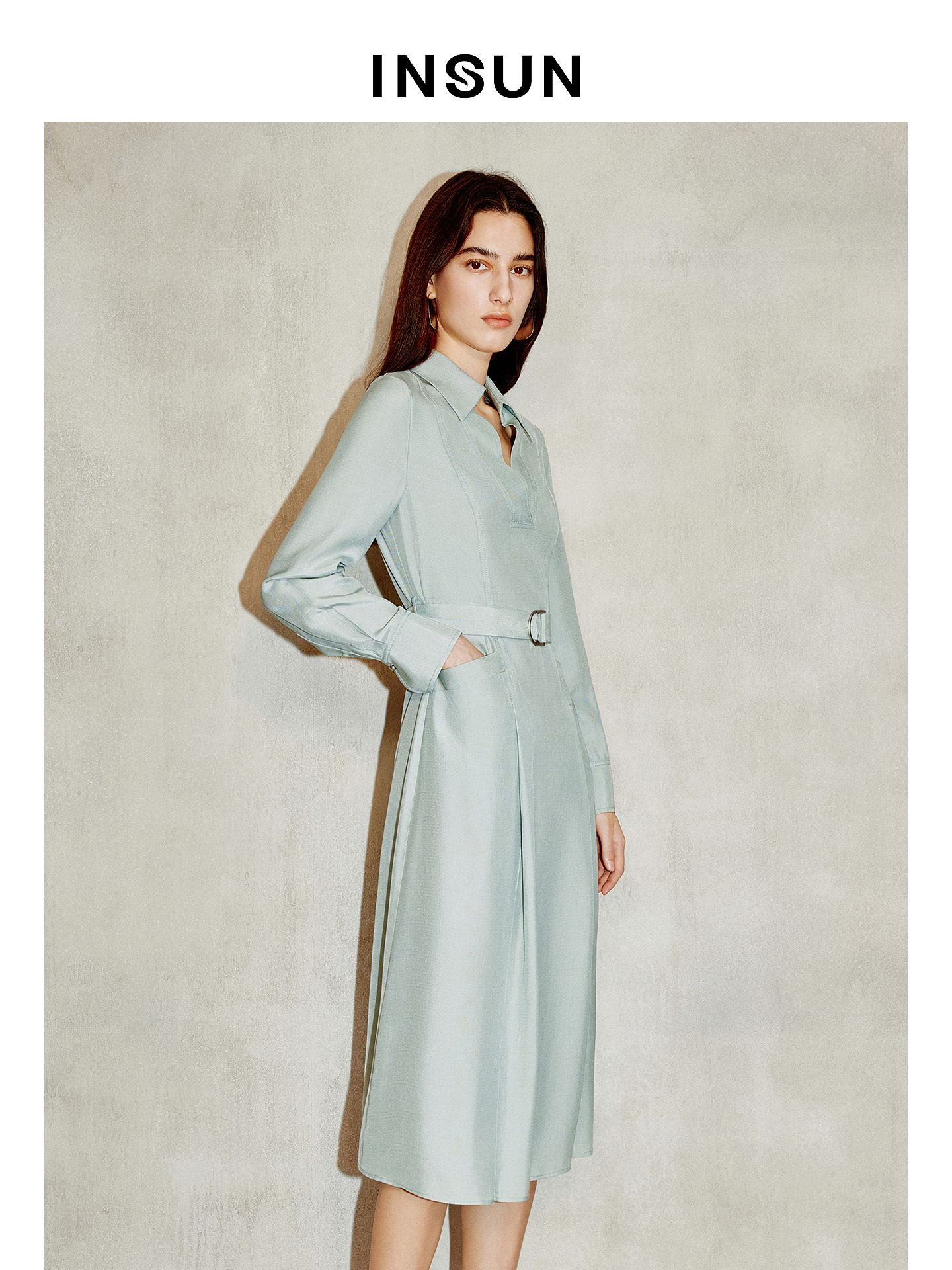 INSUN恩裳专选2026春季衬衫式V领醋酸长袖连衣裙9C66105050
