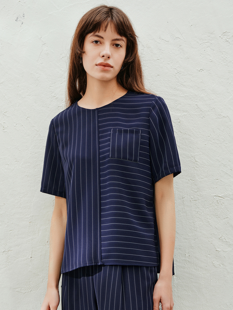 INSUN恩裳2023夏季简约百搭竖条纹宽肩舒适透气衬衫上衣9C63270310