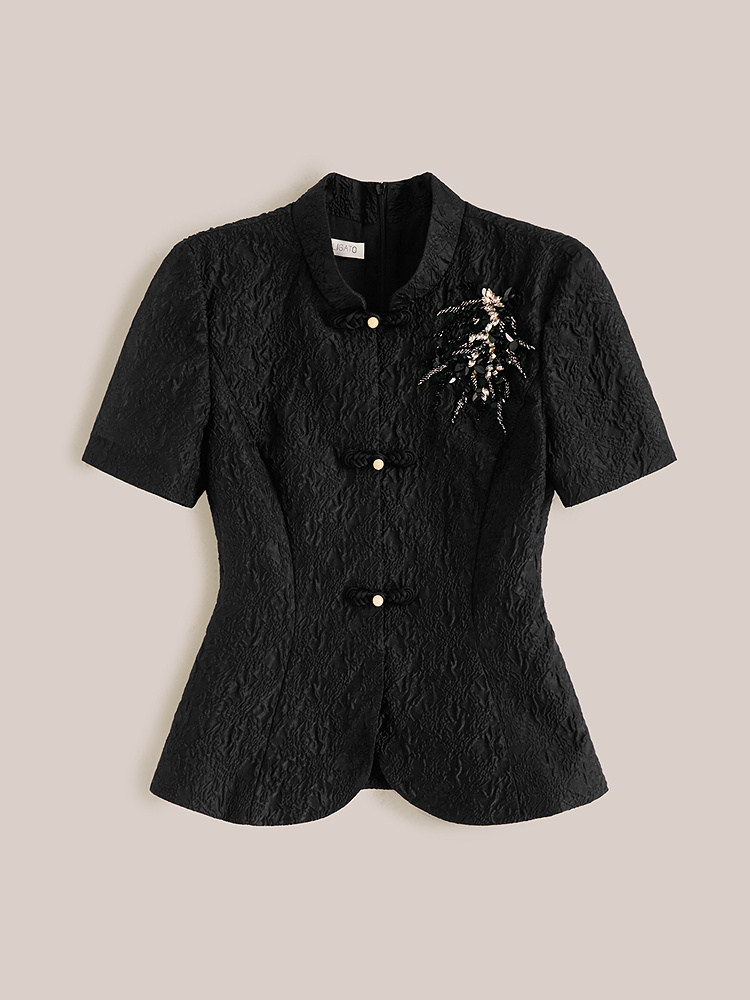 OBBLIGATO奥丽嘉朵2026夏季新款新中式立领手工盘扣钉珠收腰上衣1C36270110