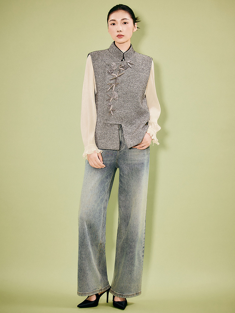 OBBLIGATO奥丽嘉朵专选2025冬季手工钉珠立体缉边新中式马甲1C35501020