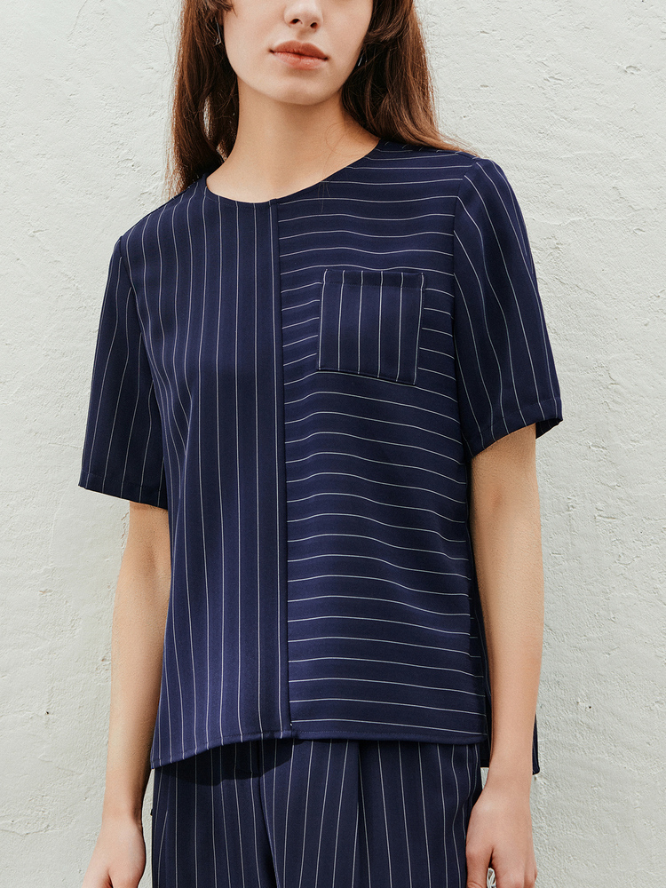 INSUN恩裳2023夏季简约百搭竖条纹宽肩舒适透气衬衫上衣9C63270310