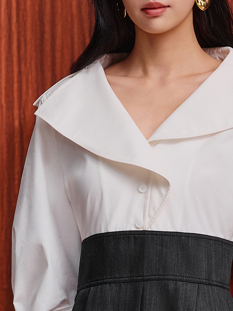 OBBLIGATO奥丽嘉朵2026春新款高支高密棉翻领拼接撞色阔腿连体裤1C36102030