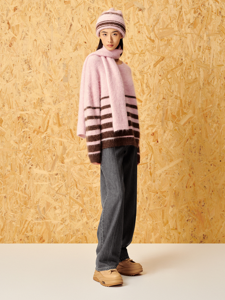 ToyzY24春软糯拉绒羊驼毛粉色条纹毛衣7C54106120