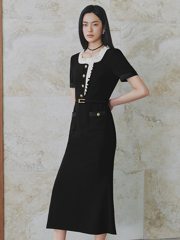 OBBLIGATO奥丽嘉朵2026夏季新款三醋酸木耳边收腰系带通勤连衣裙1C66205330